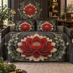Red Lotus Mandala Home Office Quilted Bedding Set with flat printed optical 3D lotus mandala in charcoal cardinal red ivory eucalyptus and brass