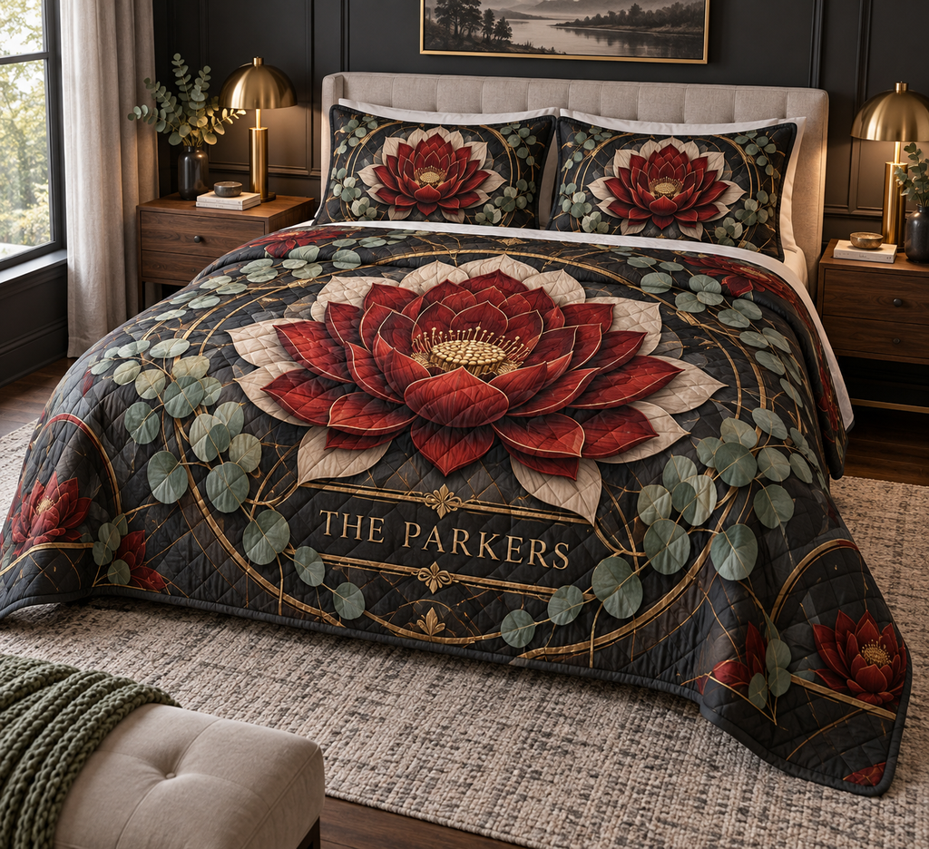 Personalized Red Lotus Mandala Quilted Bedding Set showing The Parkers within flat printed optical 3D lotus tunnel in charcoal cardinal red ivory eucalyptus and brass