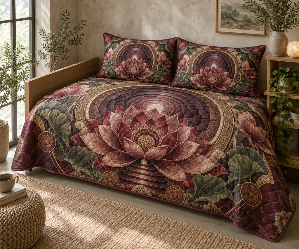 Red Lotus Mandala Quiet Corner Quilted Bedding Set with flat printed optical 3D lotus tunnel in oxblood dusty rose parchment sage and antique gold