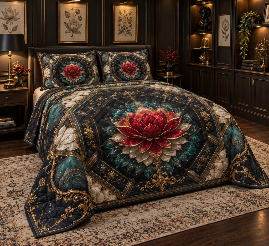 Red Lotus Mandala Collector Birthday Quilted Bedding Set with flat printed optical 3D lotus reliquary in ruby obsidian peacock teal alabaster and museum gold