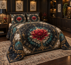 Red Lotus Mandala Collector Birthday Quilted Bedding Set with flat printed optical 3D lotus reliquary in ruby obsidian peacock teal alabaster and museum gold