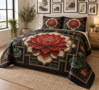 Red Lotus Mandala Gallery Wall Quilted Bedding Set with flat printed optical 3D layered frames in vermilion ink black cream jade and brushed bronze