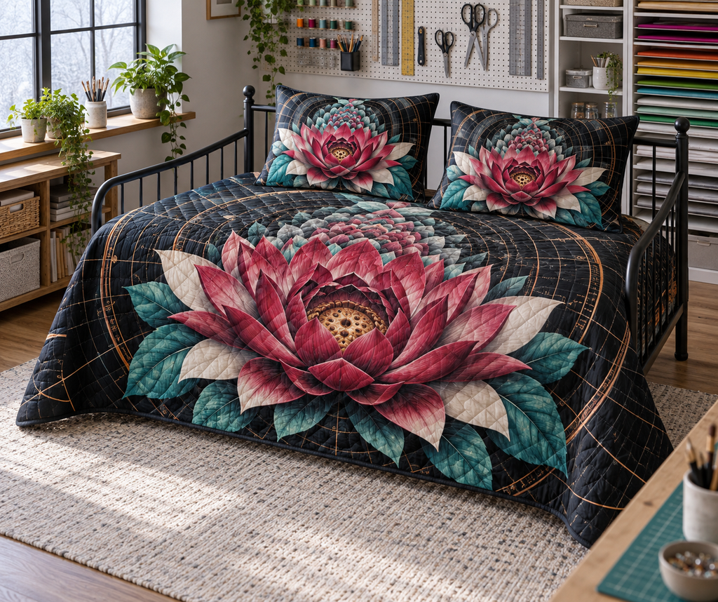 Red Lotus Mandala Hobby Studio Quilted Bedding Set with flat printed optical 3D drafting tunnel in magenta red carbon turquoise canvas white and copper