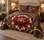 Red Lotus Mandala Host Thank You Quilted Bedding Set with flat printed optical 3D hospitality arch in cranberry espresso porcelain olive and champagne gold