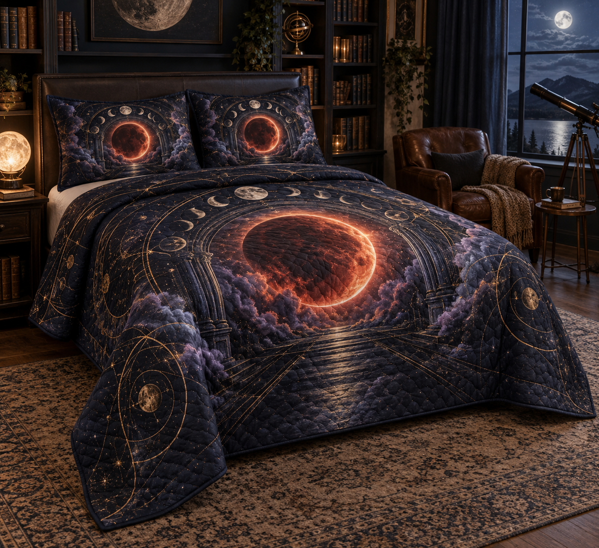 Lunar Eclipse Reading Nook Quilted Bedding Set with flat printed optical 3D lunar eclipse in midnight navy ember red silver violet and antique brass