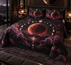 Lunar Eclipse Bedroom Quilted Bedding Set with flat printed optical 3D blood moon in black pearl amethyst and rose gold