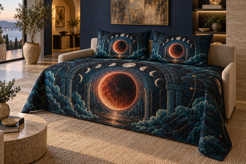Lunar Eclipse Living Room Quilted Bedding Set with flat printed optical 3D eclipse in indigo copper red bone white dark teal and aged brass