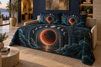 Lunar Eclipse Living Room Quilted Bedding Set with flat printed optical 3D eclipse in indigo copper red bone white dark teal and aged brass