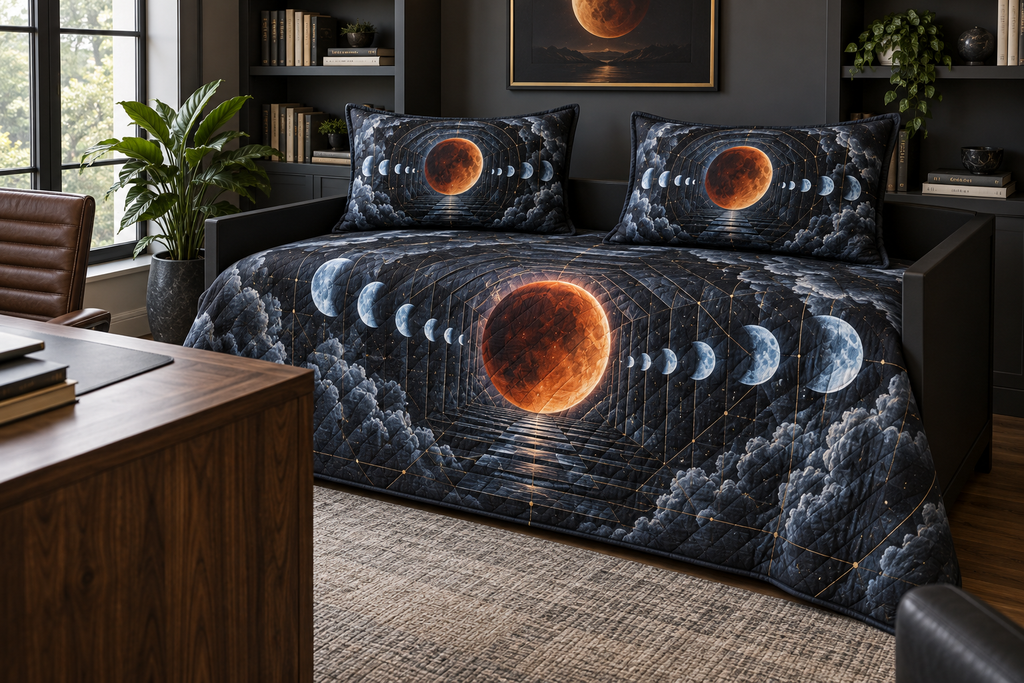 Lunar Eclipse Home Office Quilted Bedding Set with flat printed optical 3D eclipse in graphite eclipse orange ice blue slate and brass