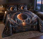 Personalized Lunar Eclipse Quilted Bedding Set showing The Parkers within flat printed optical 3D lunar eclipse portal in graphite eclipse orange ice blue slate and brass
