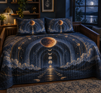 Lunar Eclipse Quiet Corner Quilted Bedding Set with flat printed optical 3D eclipse in midnight indigo amber smoky blue antique gold and charcoal