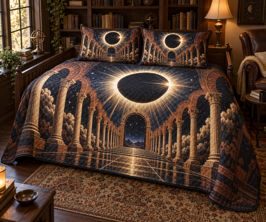 Solar Eclipse Reading Nook Quilted Bedding Set with flat printed optical 3D solar eclipse in black white gold burnt sienna parchment and navy