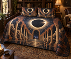Solar Eclipse Reading Nook Quilted Bedding Set with flat printed optical 3D solar eclipse in black white gold burnt sienna parchment and navy