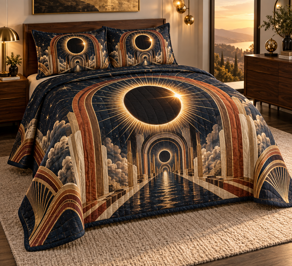 Solar Eclipse Bedroom Statement Quilted Bedding Set with flat printed optical 3D solar eclipse in matte black molten gold terracotta ivory and deep navy