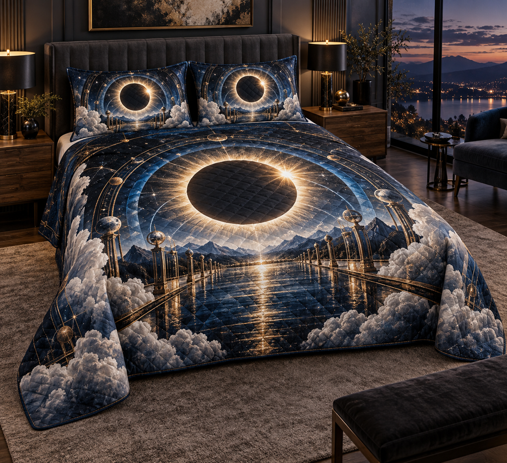 Solar Eclipse Living Room Quilted Bedding Set with flat printed optical 3D solar eclipse in sapphire black platinum gold smoky white and bronze