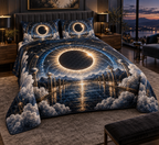 Solar Eclipse Living Room Quilted Bedding Set with flat printed optical 3D solar eclipse in sapphire black platinum gold smoky white and bronze