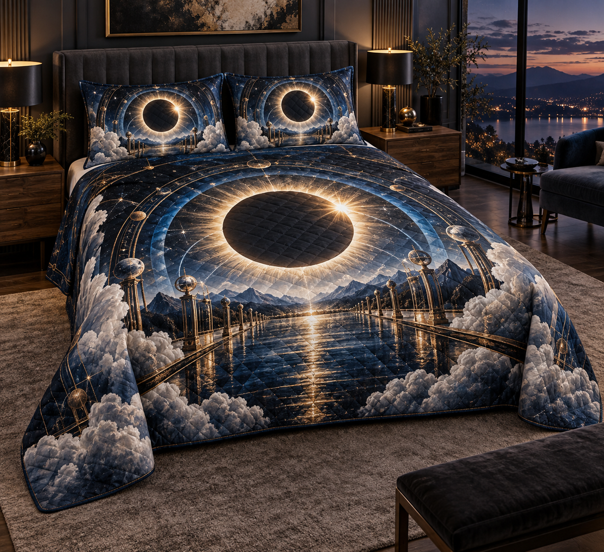 Solar Eclipse Living Room Quilted Bedding Set with flat printed optical 3D solar eclipse in sapphire black platinum gold smoky white and bronze