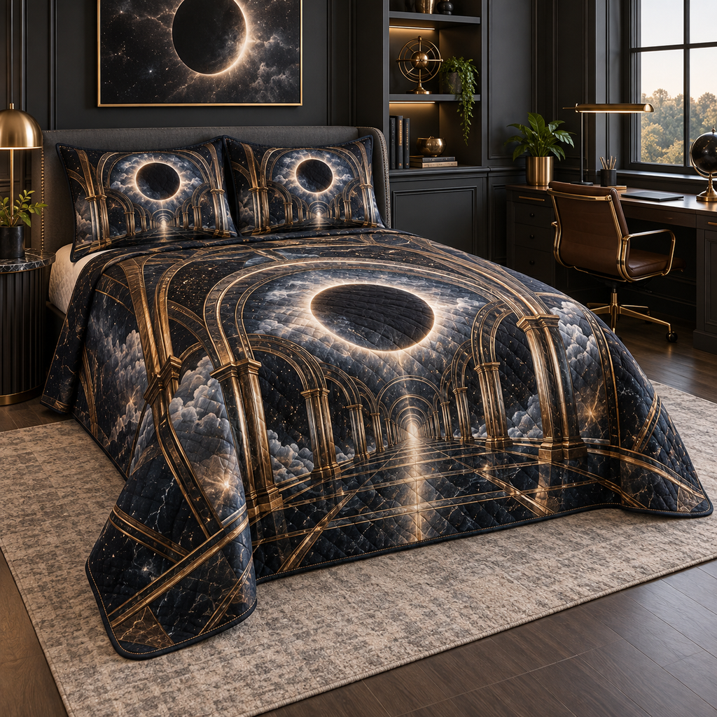 Solar Eclipse Executive Office Quilted Bedding Set with flat printed optical 3D solar eclipse in sapphire black platinum gold smoky white and bronze