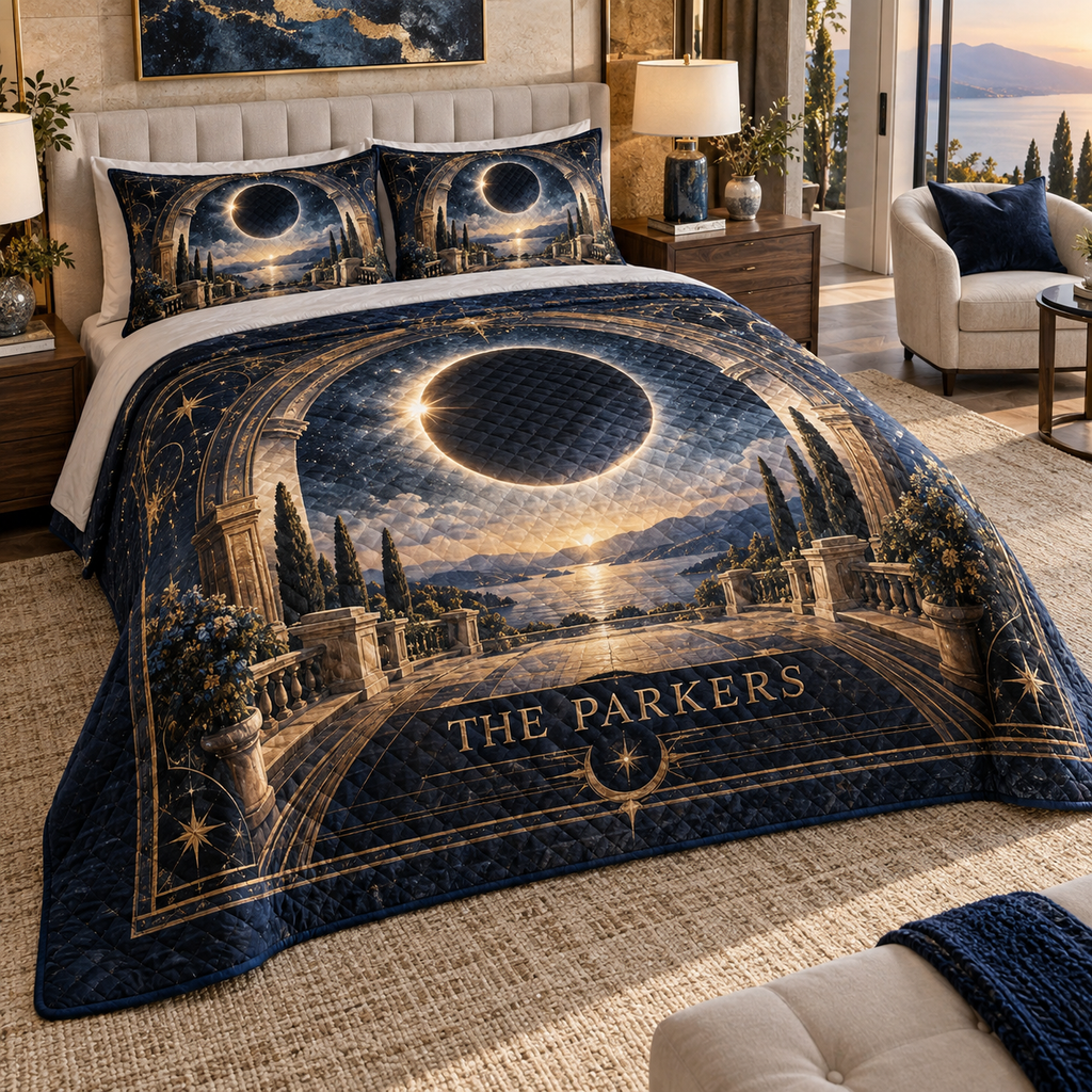 Personalized Solar Eclipse Quilted Bedding Set showing The Parkers within flat printed optical 3D solar eclipse portal in graphite eclipse orange ice blue slate and brass
