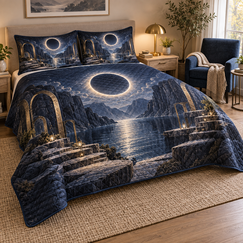 Solar Eclipse Quiet Corner Quilted Bedding Set with flat printed optical 3D solar eclipse in sapphire black platinum gold smoky white and bronze