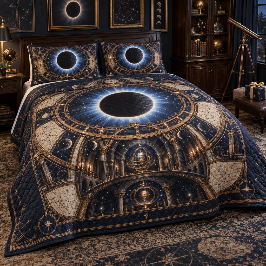 Solar Eclipse Collector Keepsake Quilted Bedding Set with flat printed optical 3D solar eclipse in sapphire black platinum gold smoky white and bronze