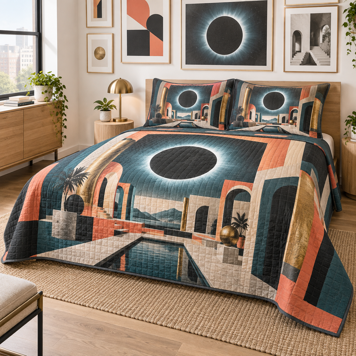 Solar Eclipse Apartment Gallery Quilted Bedding Set with flat printed optical 3D solar eclipse in sapphire black platinum gold smoky white and bronze