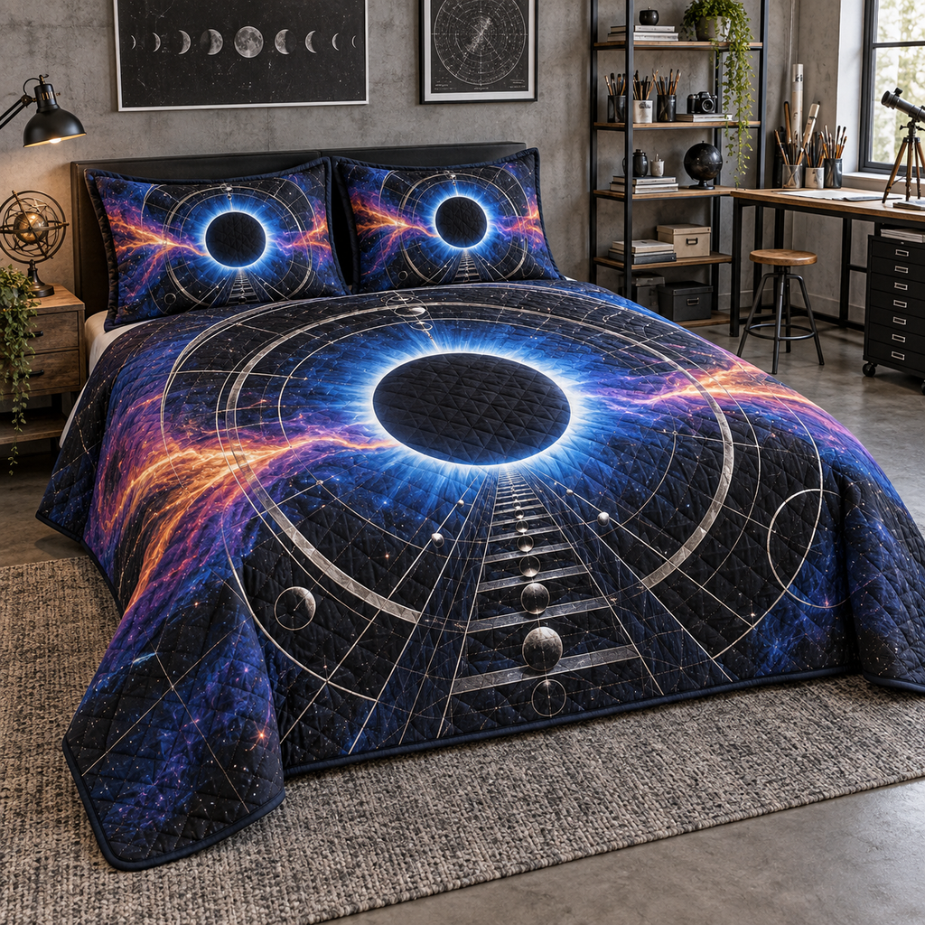 Solar Eclipse Hobby Studio Quilted Bedding Set with flat printed optical 3D solar eclipse in sapphire black platinum gold smoky white and bronze