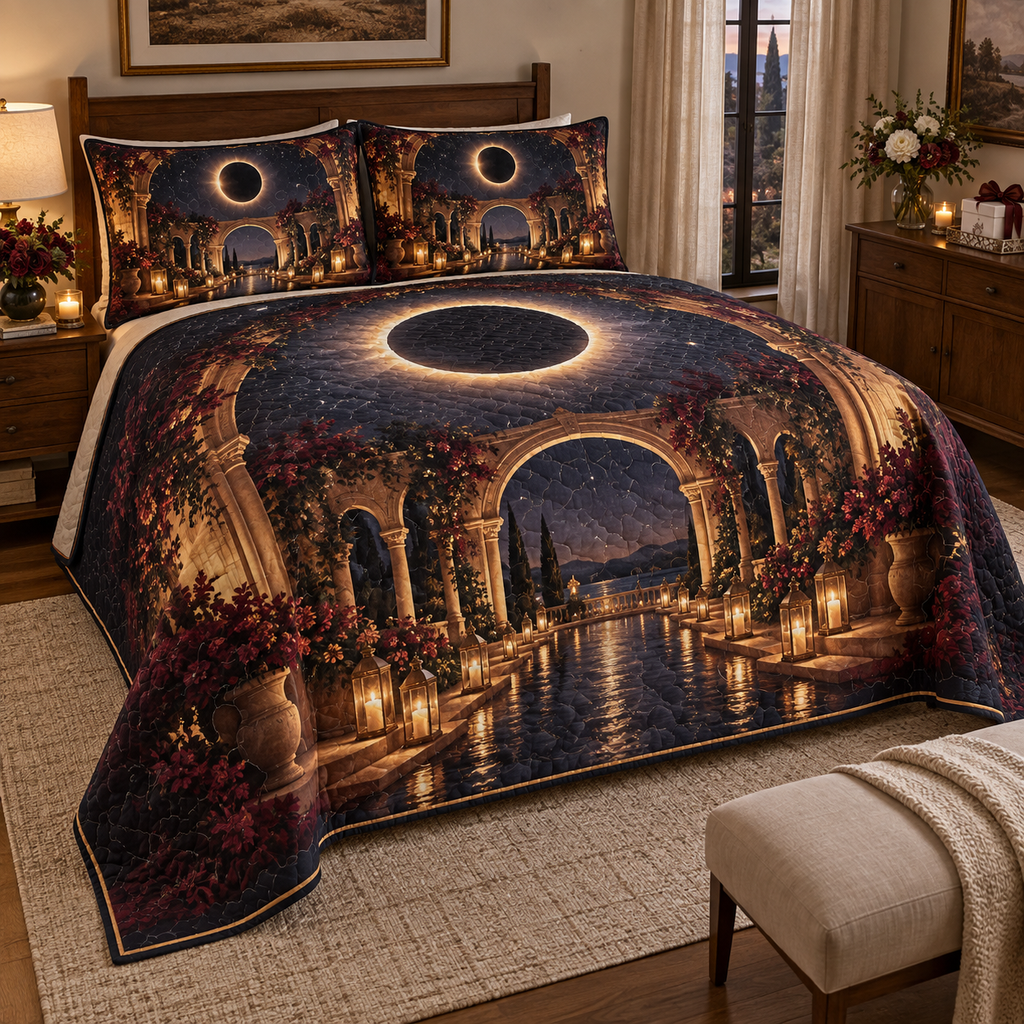 Solar Eclipse Host Thank You Quilted Bedding Set with flat printed optical 3D solar eclipse in sapphire black platinum gold smoky white and bronze