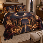 Solar Eclipse Host Thank You Quilted Bedding Set with flat printed optical 3D solar eclipse in sapphire black platinum gold smoky white and bronze