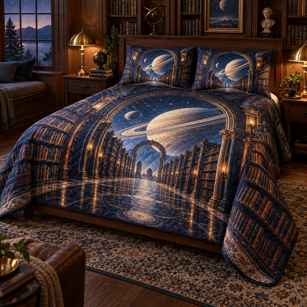 Ringed Planet Reading Nook Quilted Bedding Set with flat printed optical 3D ringed planet library corridor in sapphire amber pearl ice copper navy and walnut