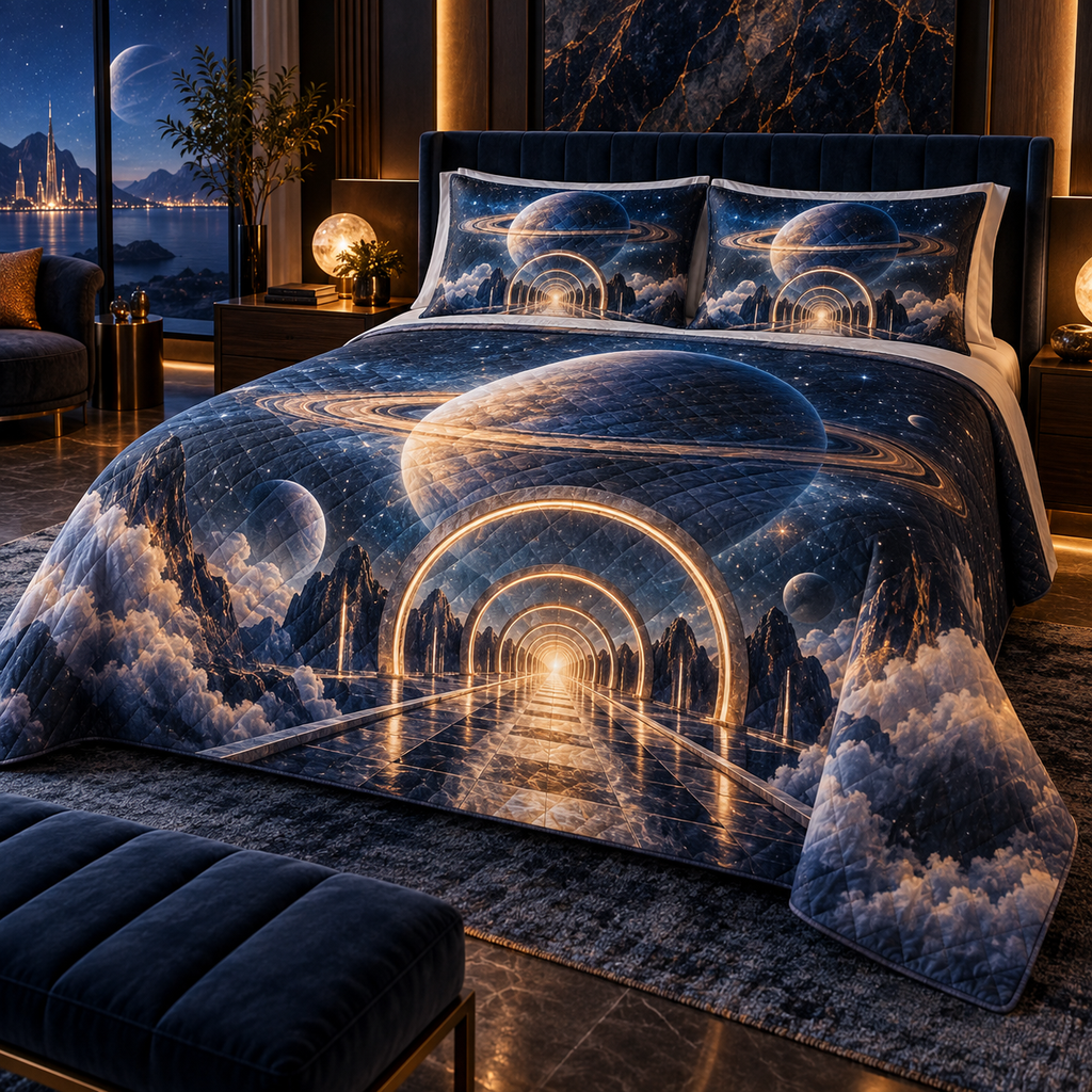 Ringed Planet Bedroom Statement Quilted Bedding Set with flat printed optical 3D ringed planet celestial corridor in sapphire amber pearl ice copper and navy
