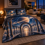 Ringed Planet Living Room Focal Point Quilted Bedding Set with flat printed optical 3D ringed planet celestial colonnade in sapphire amber pearl ice copper navy and walnut