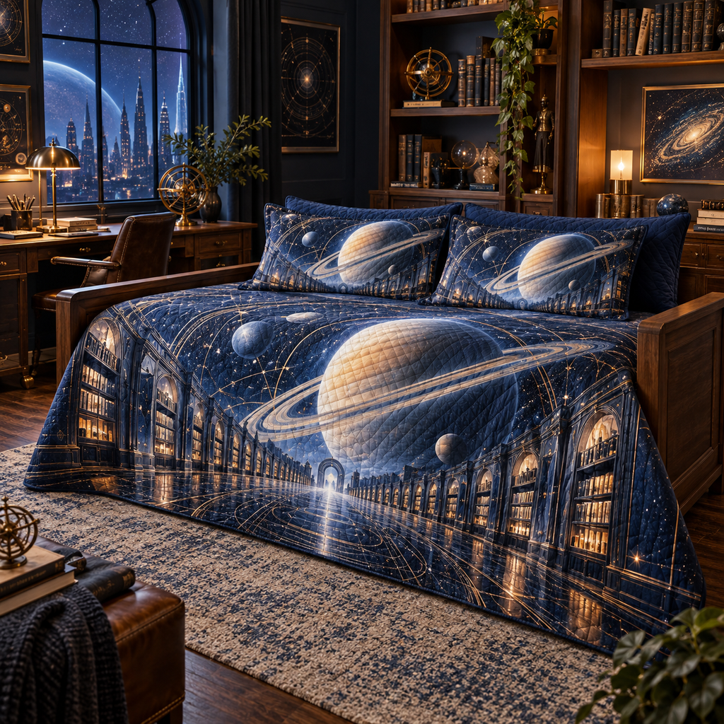 Ringed Planet Home Office Backdrop Quilted Bedding Set with flat printed optical 3D ringed planet archive corridor in sapphire amber pearl ice copper navy and walnut