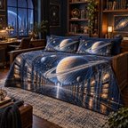 Ringed Planet Home Office Backdrop Quilted Bedding Set with flat printed optical 3D ringed planet archive corridor in sapphire amber pearl ice copper navy and walnut