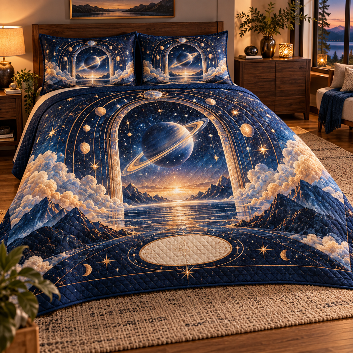 Personalized Ringed Planet Housewarming Bedding Set with blank personalization area and flat printed optical 3D celestial doorway in sapphire amber pearl ice copper and navy