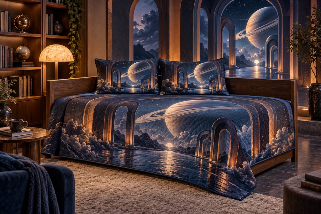 Ringed Planet Quiet Corner Decor Quilted Bedding Set with flat printed optical 3D ringed planet moonlit arches in sapphire amber pearl ice copper navy and walnut