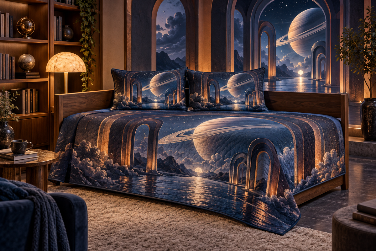 Ringed Planet Quiet Corner Decor Quilted Bedding Set with flat printed optical 3D ringed planet moonlit arches in sapphire amber pearl ice copper navy and walnut