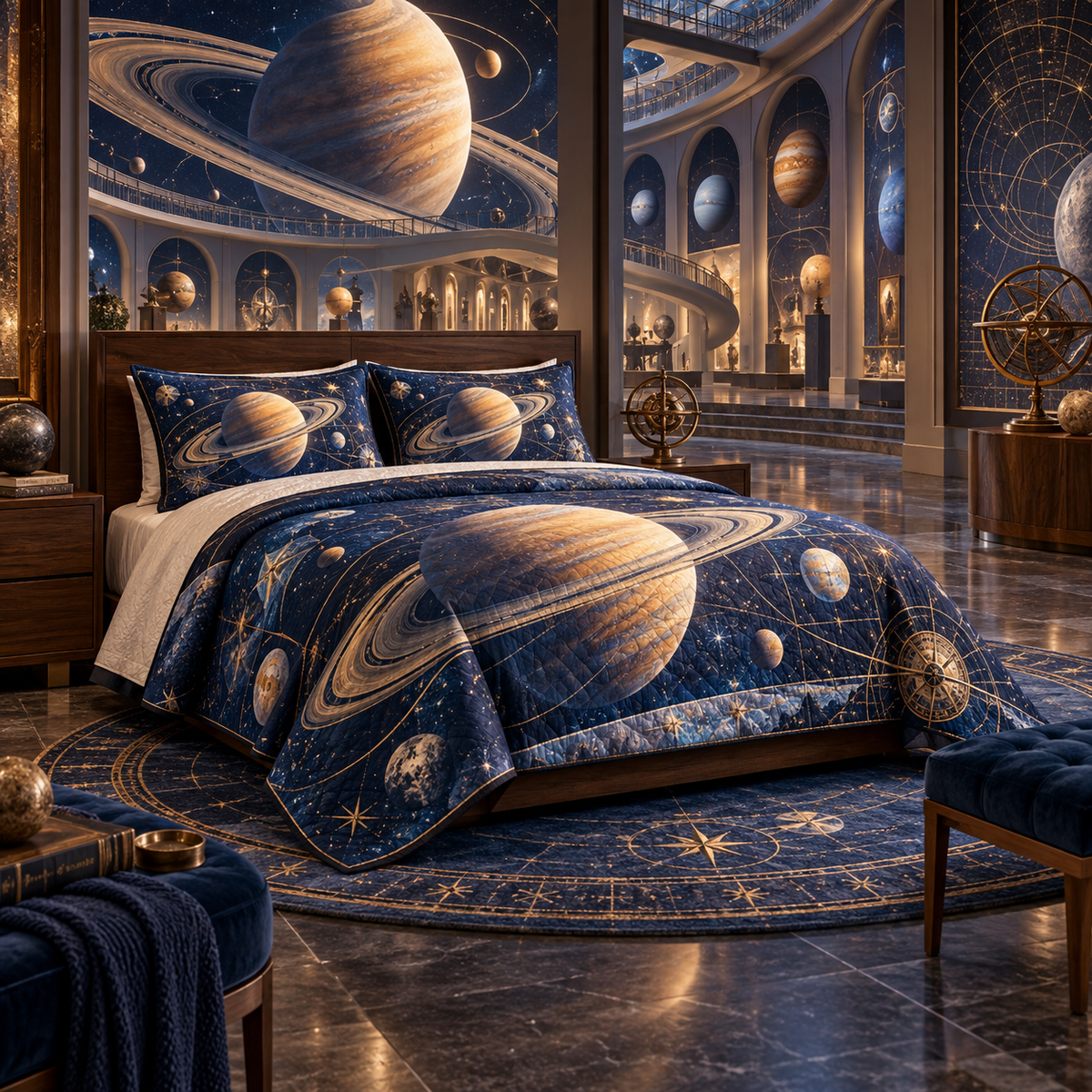 Ringed Planet Collector Birthday Keepsake Quilted Bedding Set with flat printed optical 3D ringed planet orbital gallery in sapphire amber pearl ice copper navy and walnut