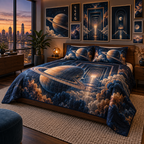 Ringed Planet Apartment Gallery Wall Quilted Bedding Set with flat printed optical 3D ringed planet floating frames in sapphire amber pearl ice copper navy and walnut
