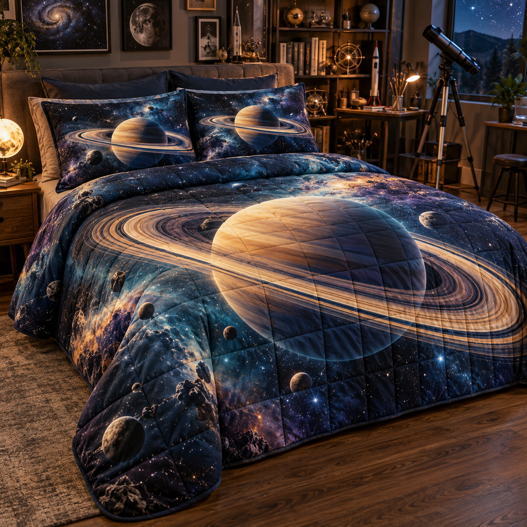 Ringed Planet Hobby Studio Identity Quilted Bedding Set with flat printed optical 3D ringed planet in indigo teal violet warm gold and creative studio setting