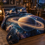 Ringed Planet Hobby Studio Identity Quilted Bedding Set with flat printed optical 3D ringed planet in indigo teal violet warm gold and creative studio setting