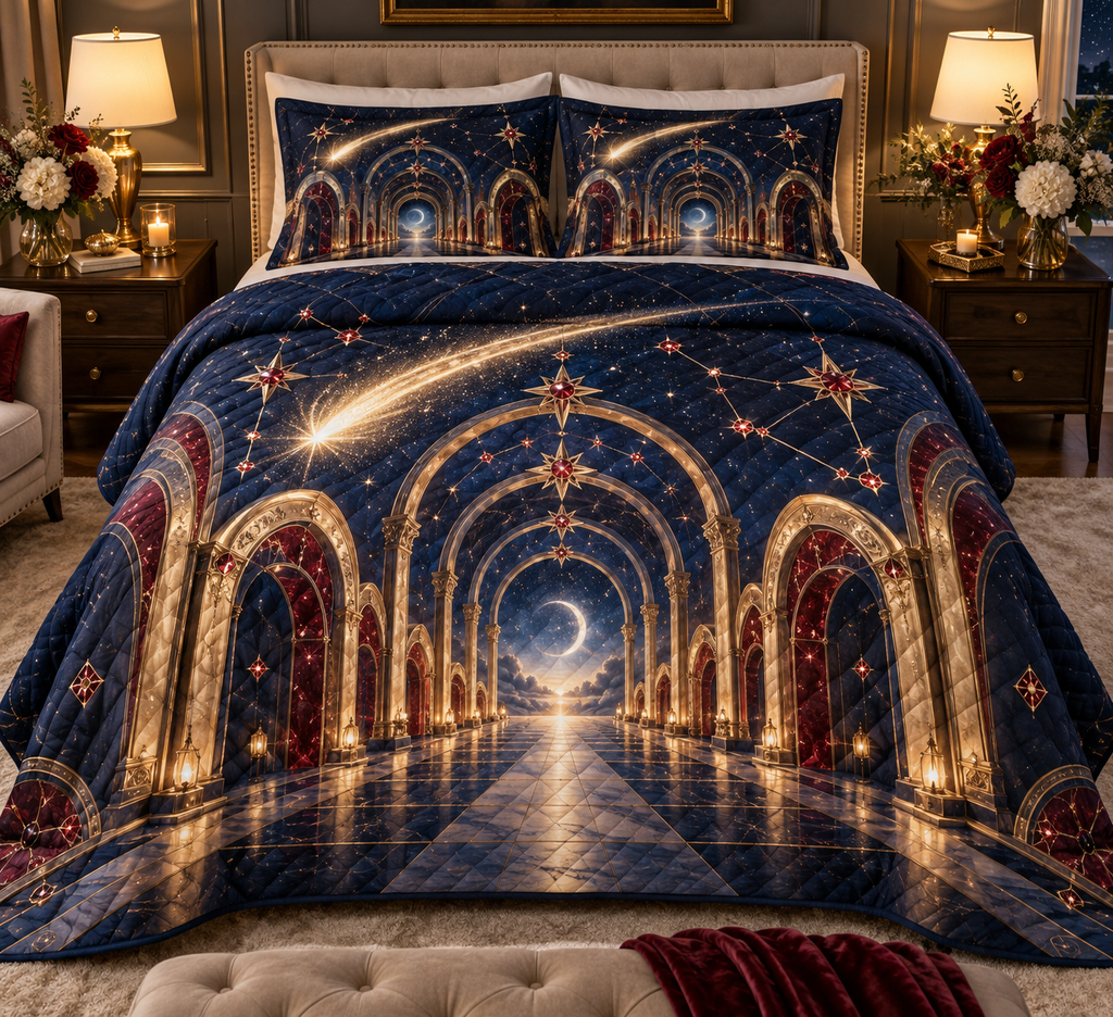 Comet Trail Host Thank You Gift Quilted Bedding Set with flat printed optical 3D champagne comet in midnight blue garnet red champagne gold pearl white and welcoming hospitality setting