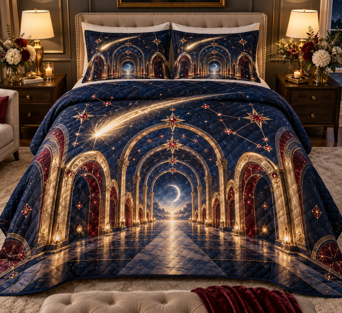 Comet Trail Host Thank You Gift Quilted Bedding Set with flat printed optical 3D champagne comet in midnight blue garnet red champagne gold pearl white and welcoming hospitality setting