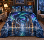 Northern Lights Reading Nook Decor Quilted Bedding Set with flat printed optical 3D aurora library in midnight indigo emerald cyan violet icy white and a cozy reading nook