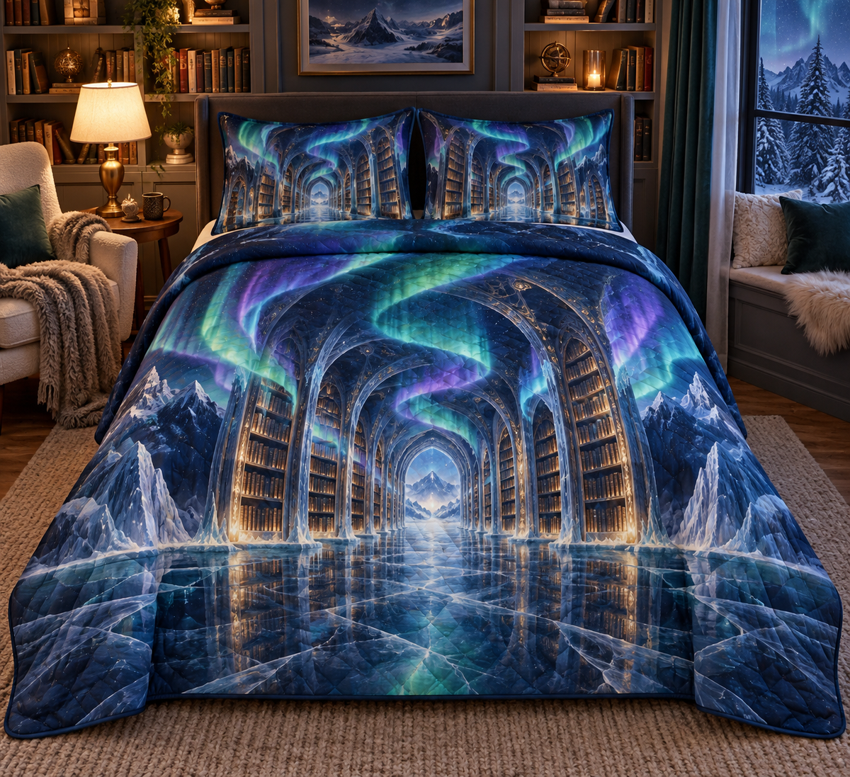 Northern Lights Reading Nook Decor Quilted Bedding Set with flat printed optical 3D aurora library in midnight indigo emerald cyan violet icy white and a cozy reading nook