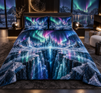 Northern Lights Bedroom Statement Decor Quilted Bedding Set with flat printed optical 3D aurora glacier cathedral in midnight black blue neon emerald magenta cobalt icy silver and a luxury bedroom