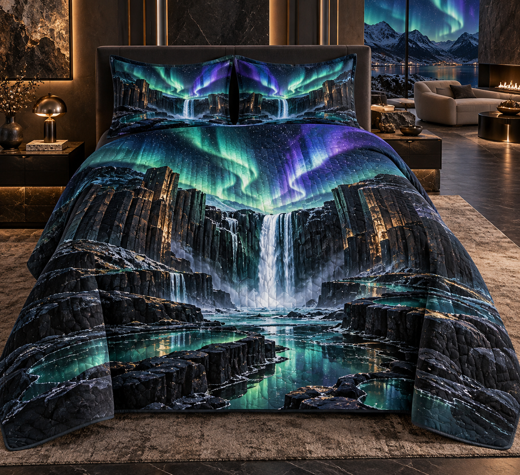 Northern Lights Living Room Focal Point Quilted Bedding Set with flat printed optical 3D aurora waterfall canyon in obsidian emerald turquoise electric violet icy white and a modern living room