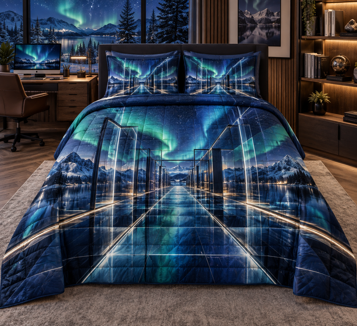Northern Lights Home Office Backdrop Quilted Bedding Set with flat printed optical 3D aurora glass corridor in deep navy emerald cobalt aqua frosted white and a polished home office