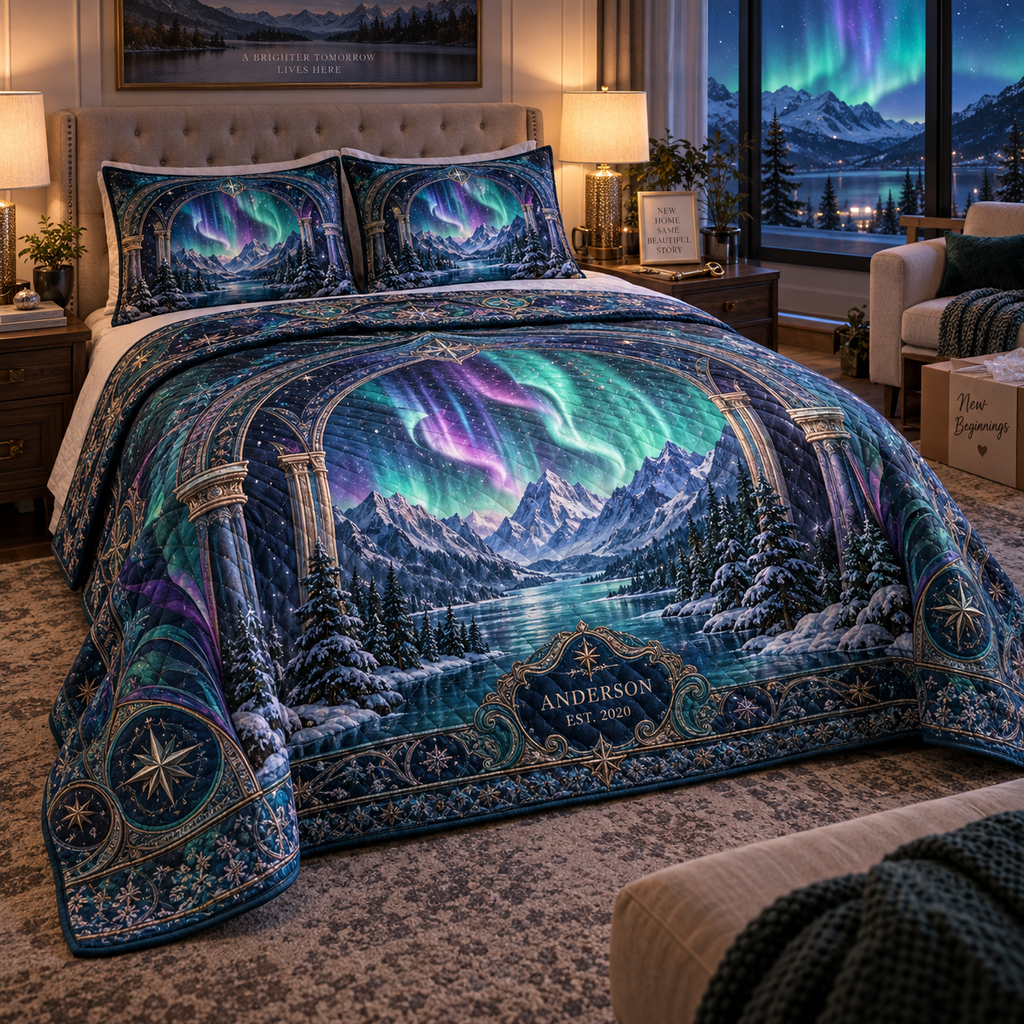 Northern Lights Personalized Housewarming Bedding Set with personalized family name and flat printed optical 3D aurora portal artwork in emerald cyan violet and midnight blue