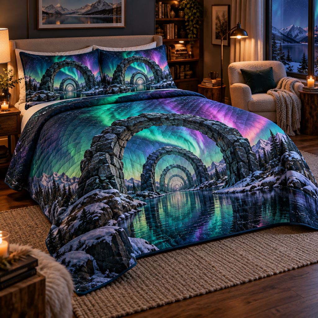 Northern Lights Quiet Corner Quilted Bedding Set with flat printed optical 3D aurora ice portal in emerald cyan violet midnight blue and a serene reading nook